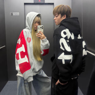 Amoeba美式 复古国潮字母拼接撞色宽松情侣连帽卫衣加绒套头帽衫