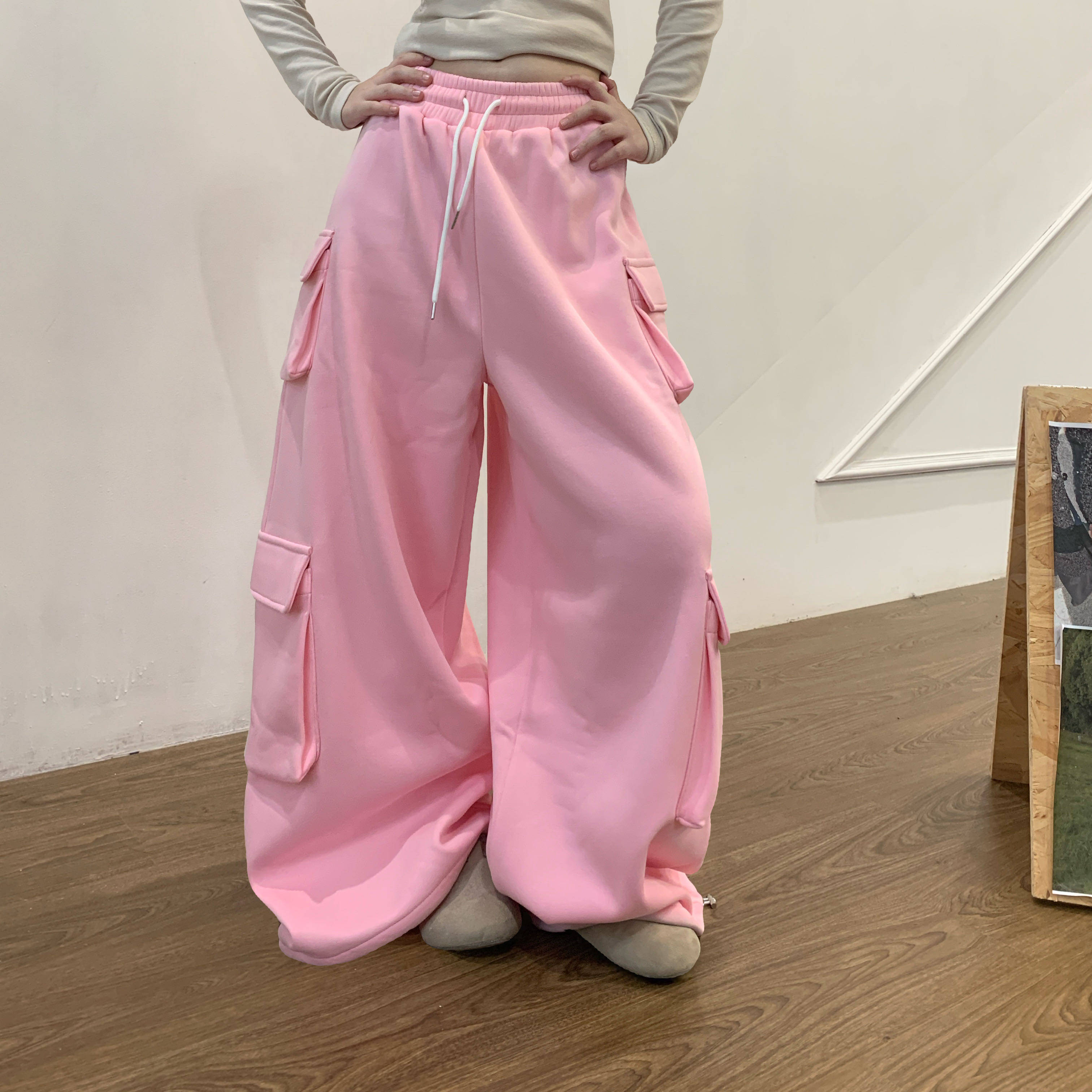 Amoeba美式抽绳加绒休闲多口袋工装裤女宽松阔腿街头粉色百搭长裤,女装/女士精品,休闲裤,淘宝优惠券,粉丝福利购,淘宝优惠卷
