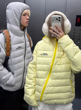 Amoeba美式复古设计斜拉链轻量化保暖连帽排骨羽绒服冬季宽松外套