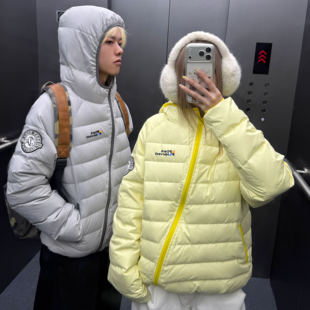 Amoeba美式复古设计斜拉链轻量化保暖连帽排骨羽绒服冬季宽松外套