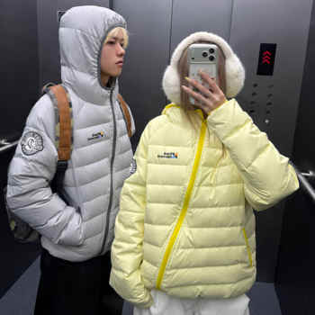 Amoeba美式复古设计斜拉链轻量化保暖连帽排骨羽绒服冬季宽松外套