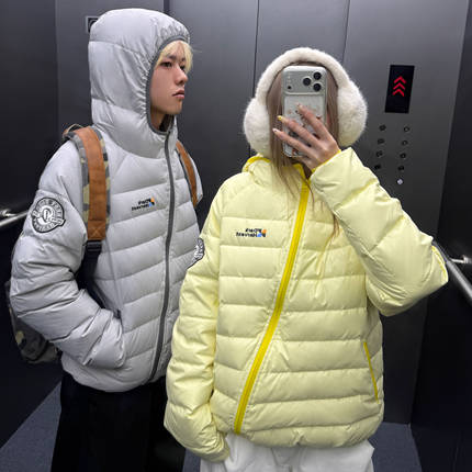 Amoeba美式复古设计斜拉链轻量化保暖连帽排骨羽绒服冬季宽松外套