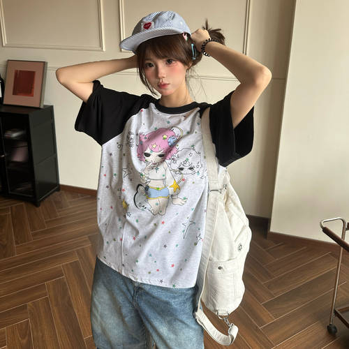 亚萌感拼色卡通少女星星印花T恤