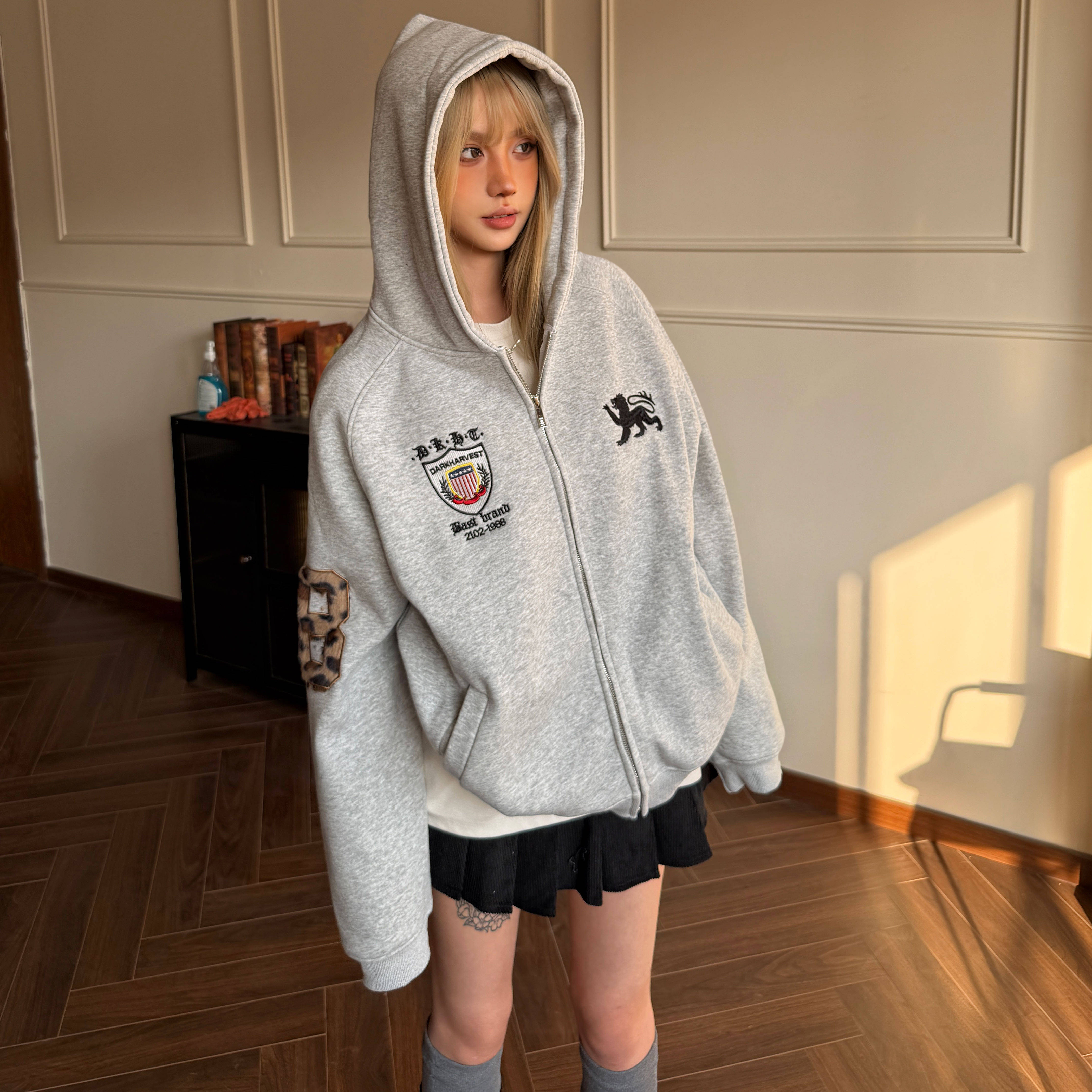 Amoeba美式复古豹纹刺绣数字印花加绒连帽卫衣外套男女宽松开衫