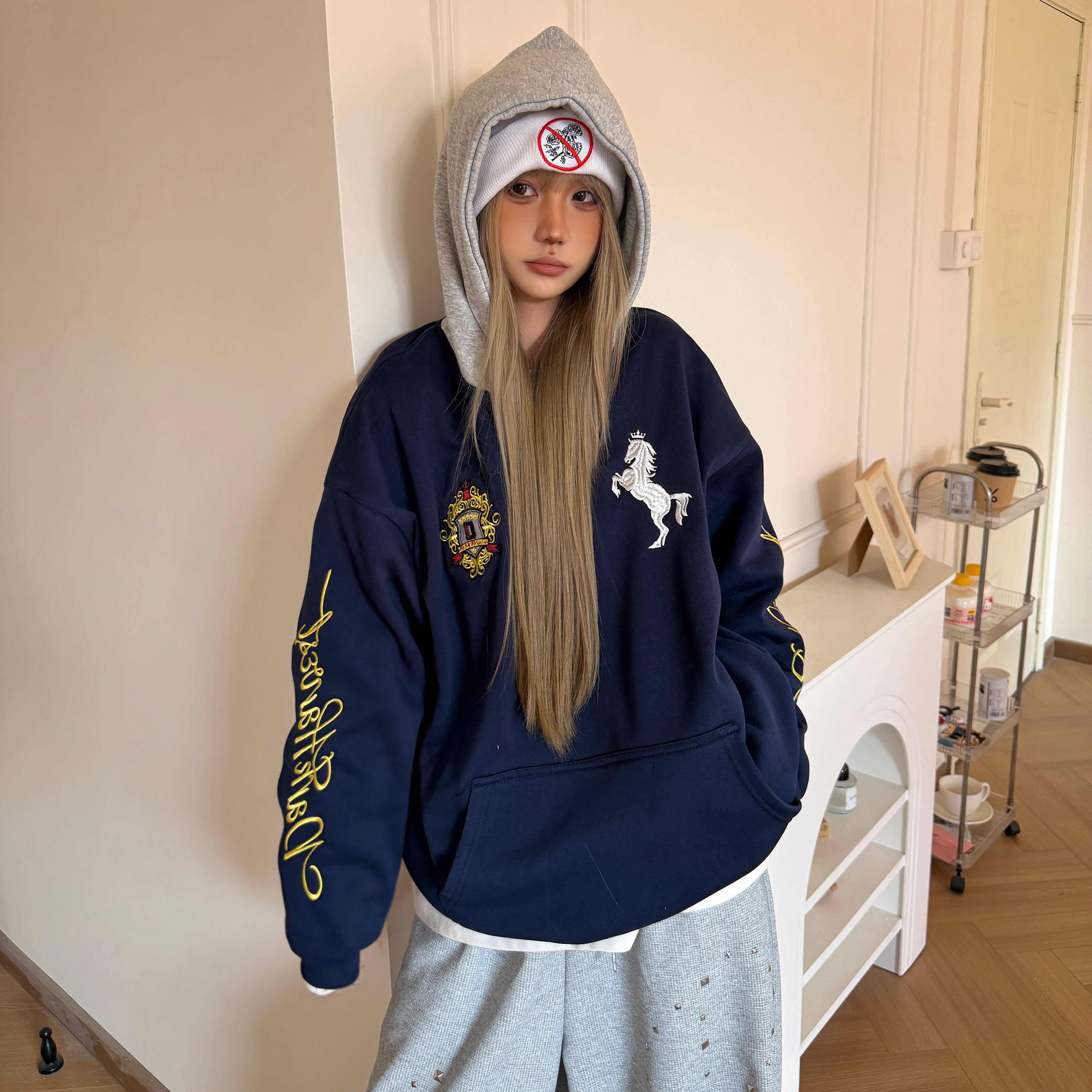 Amoeba美式复古撞色拼接跃马字母刺绣连帽卫衣加绒春季新款帽衫