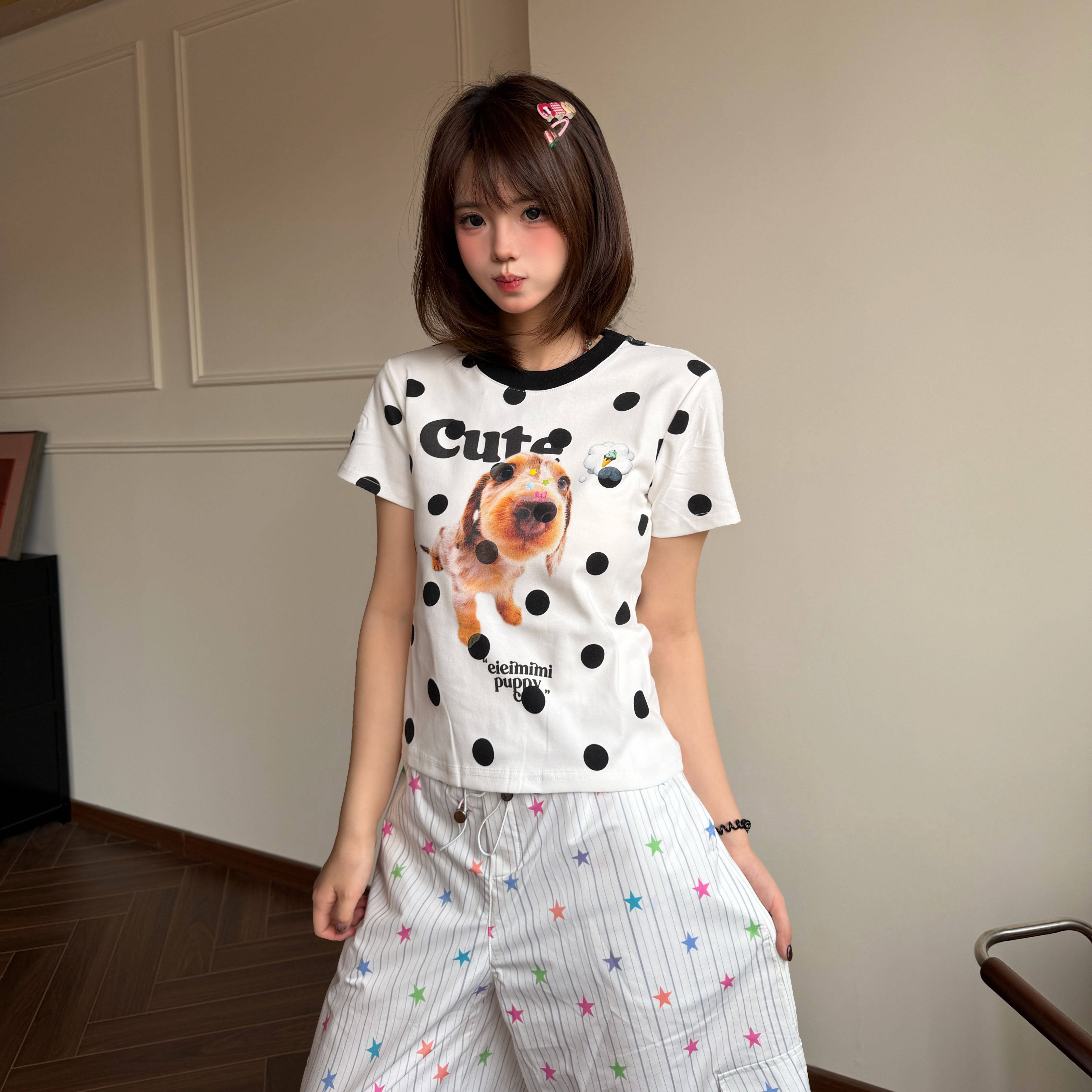 Amoeba韩系复古撞色波点小狗印花短款修身短袖T恤女夏季正肩上衣