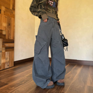 Amoeba美式复古大口袋褶皱水洗弯刀阔腿工装裤男女百搭休闲长裤