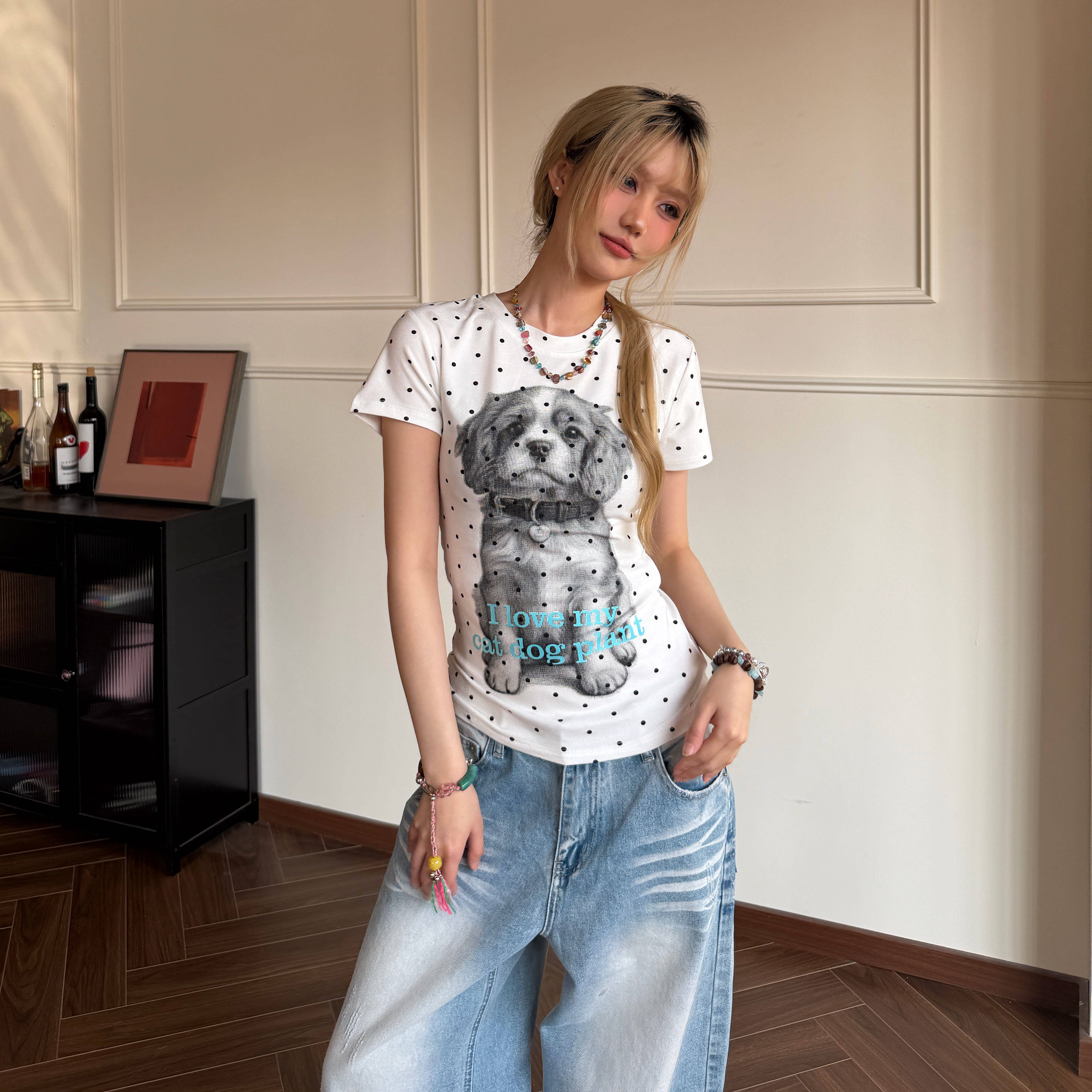 Amoeba美式复古满印波点小狗印花修身显瘦短款T恤女夏季正肩短袖