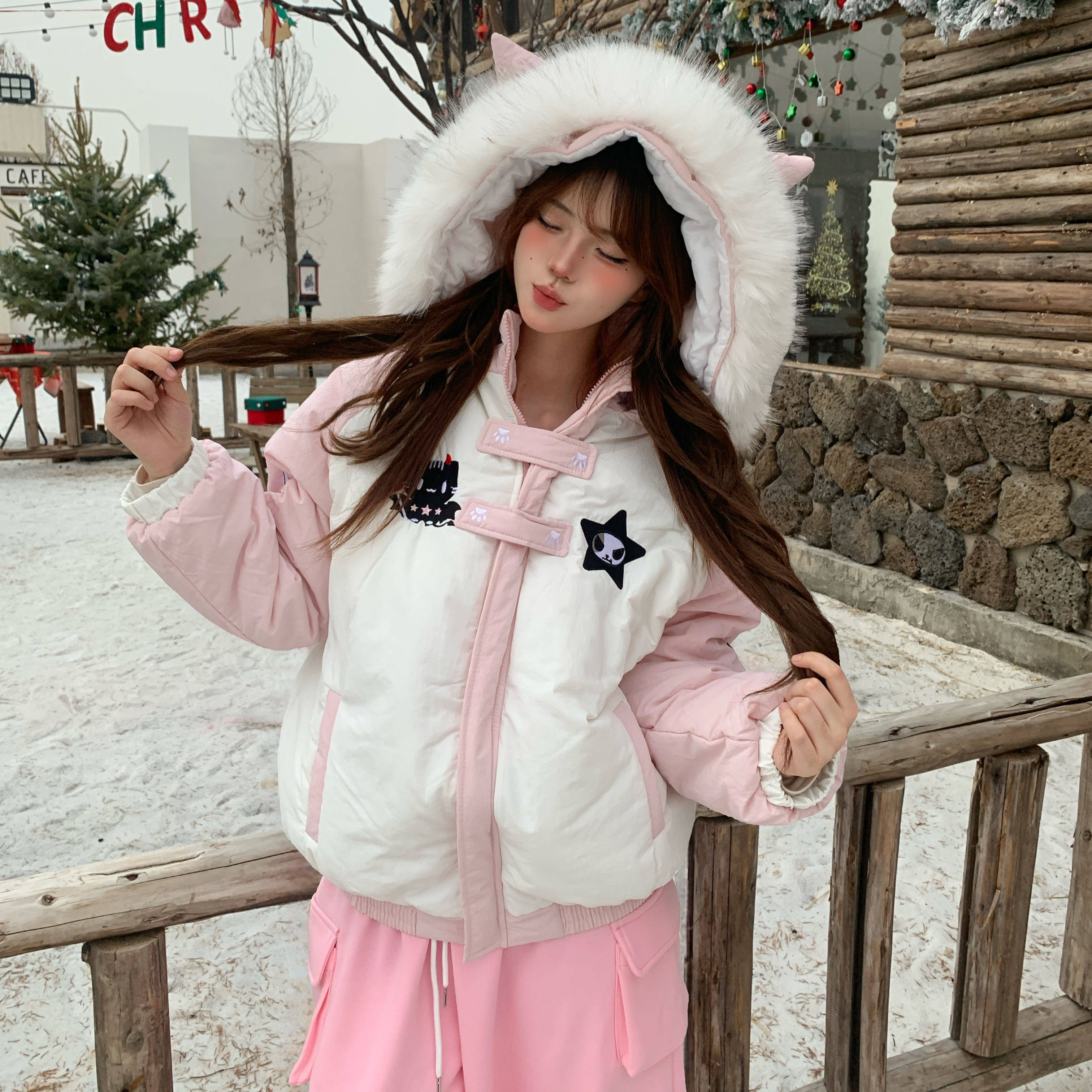 Amoeba原创亚萌感星星撞色拆卸毛领连帽棉服女冬季宽松加厚外套,女装/女士精品,棉衣/棉服,淘宝优惠券,粉丝福利购,淘宝优惠卷