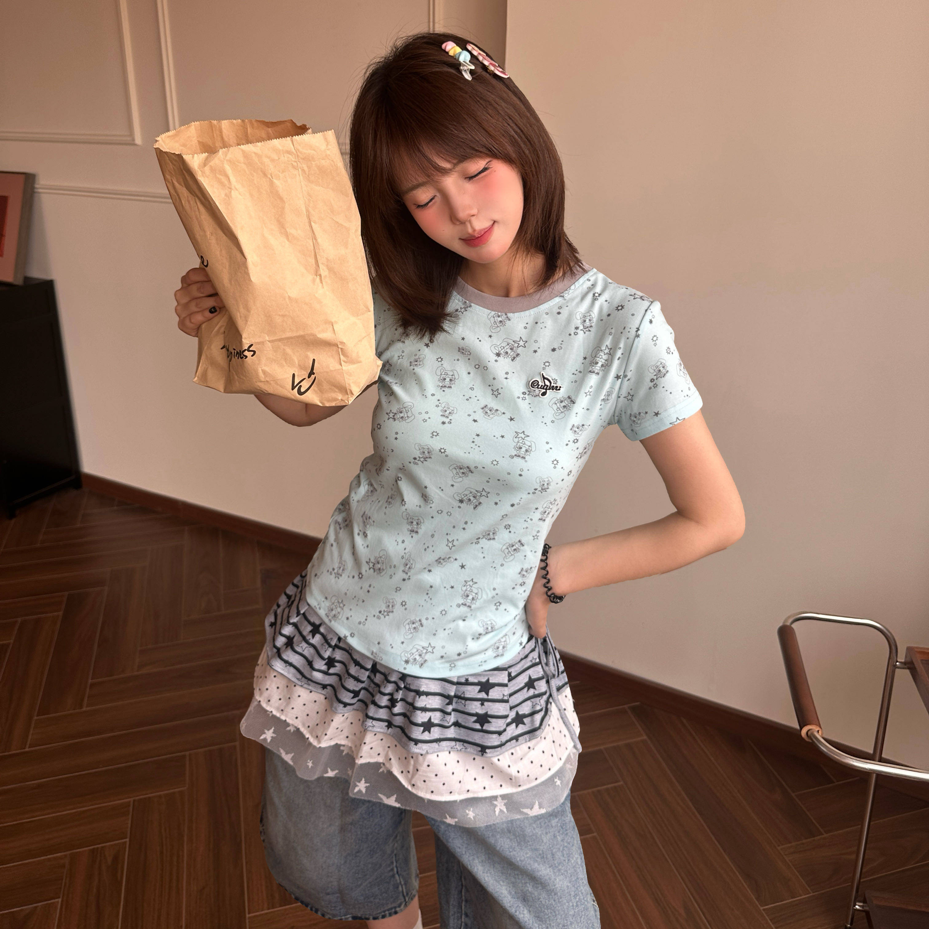 Amoeba甜酷撞色满印卡通印花圆领正肩短袖女夏季可爱显瘦减龄T恤