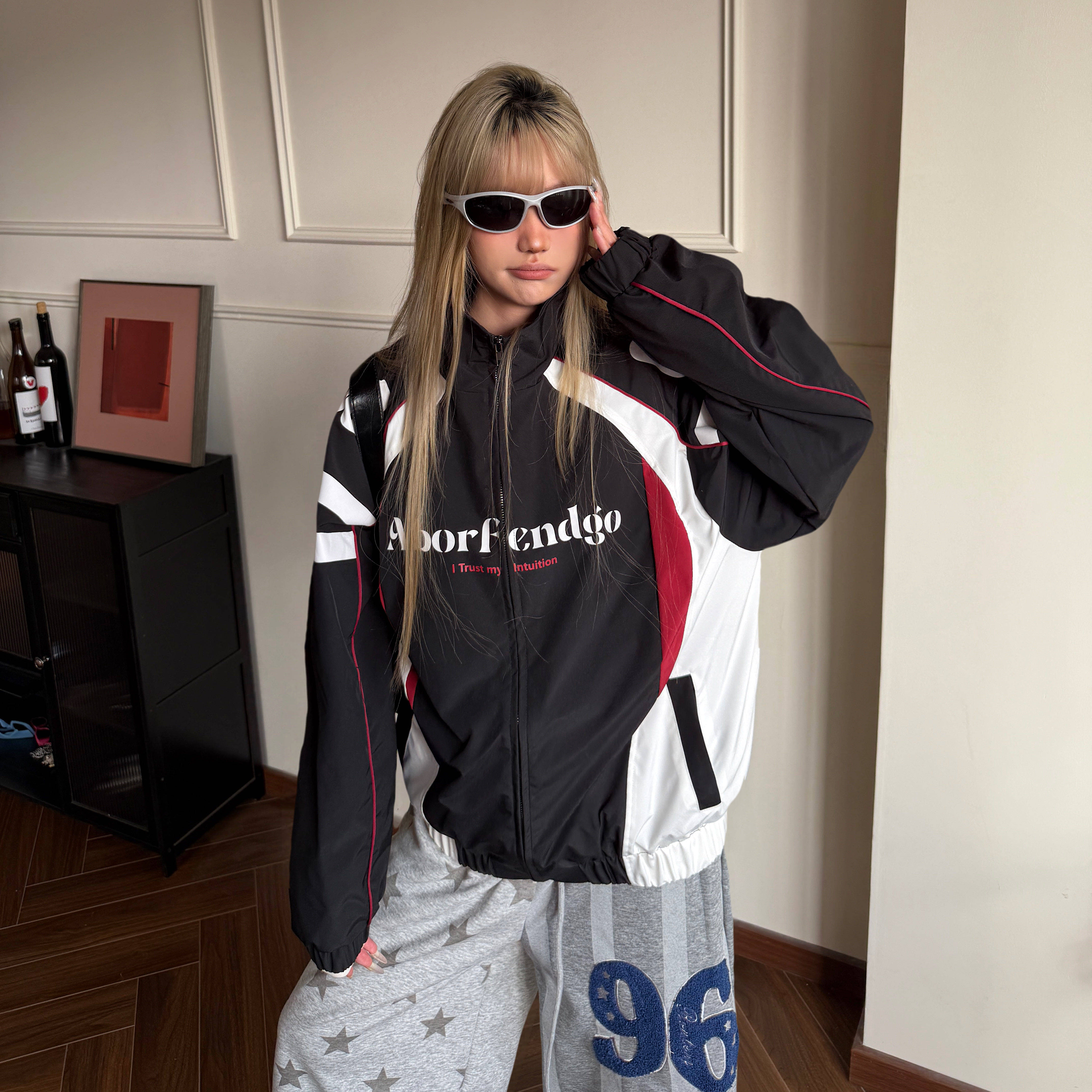 Amoeba美式复古撞色拼接立领赛车夹克男女春季街头运动休闲外套