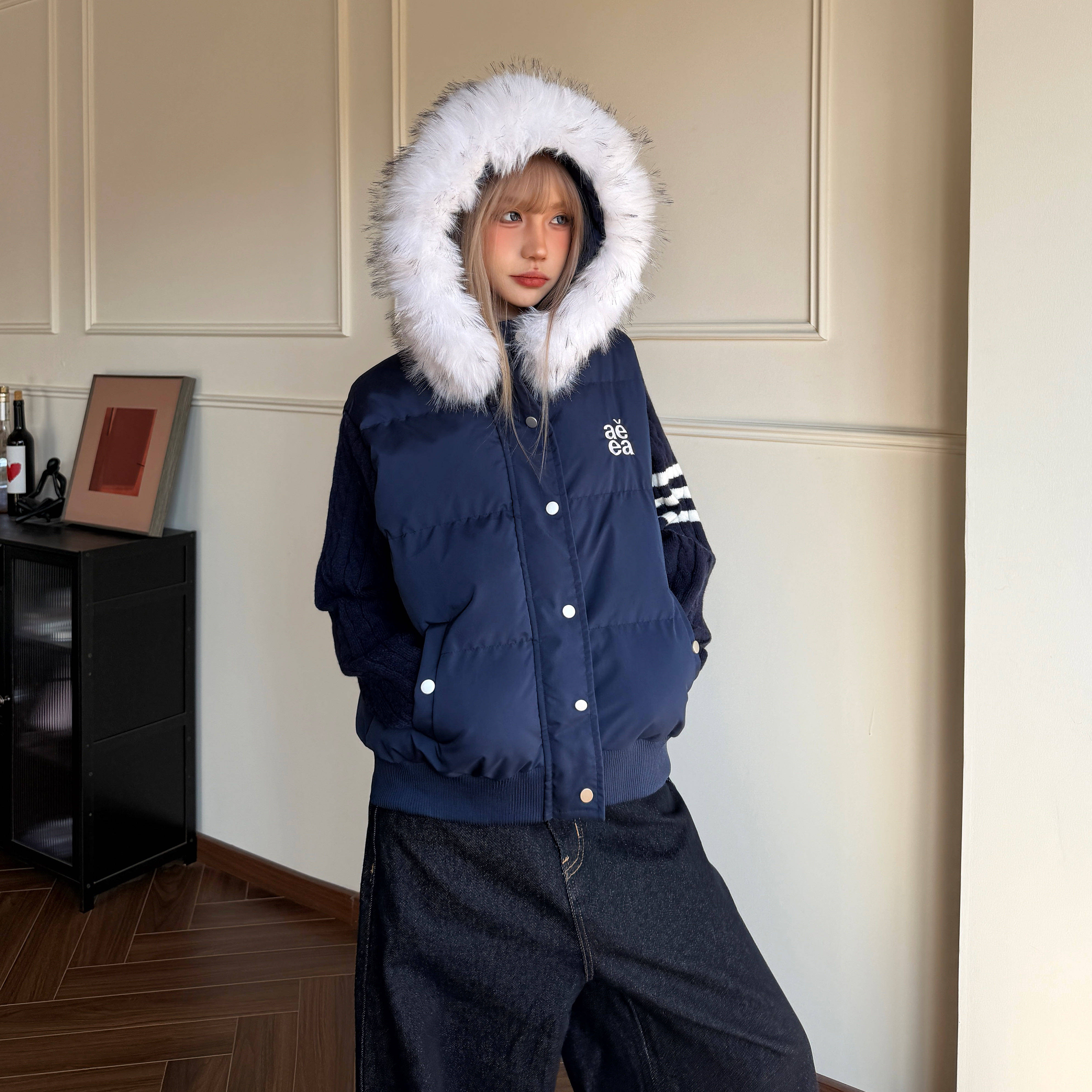 韩系拼接针织毛领连帽棉服