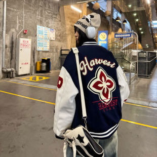 Amoeba原创国潮美式复古刺绣字母拼接棒球服夹棉春季新款夹克外套