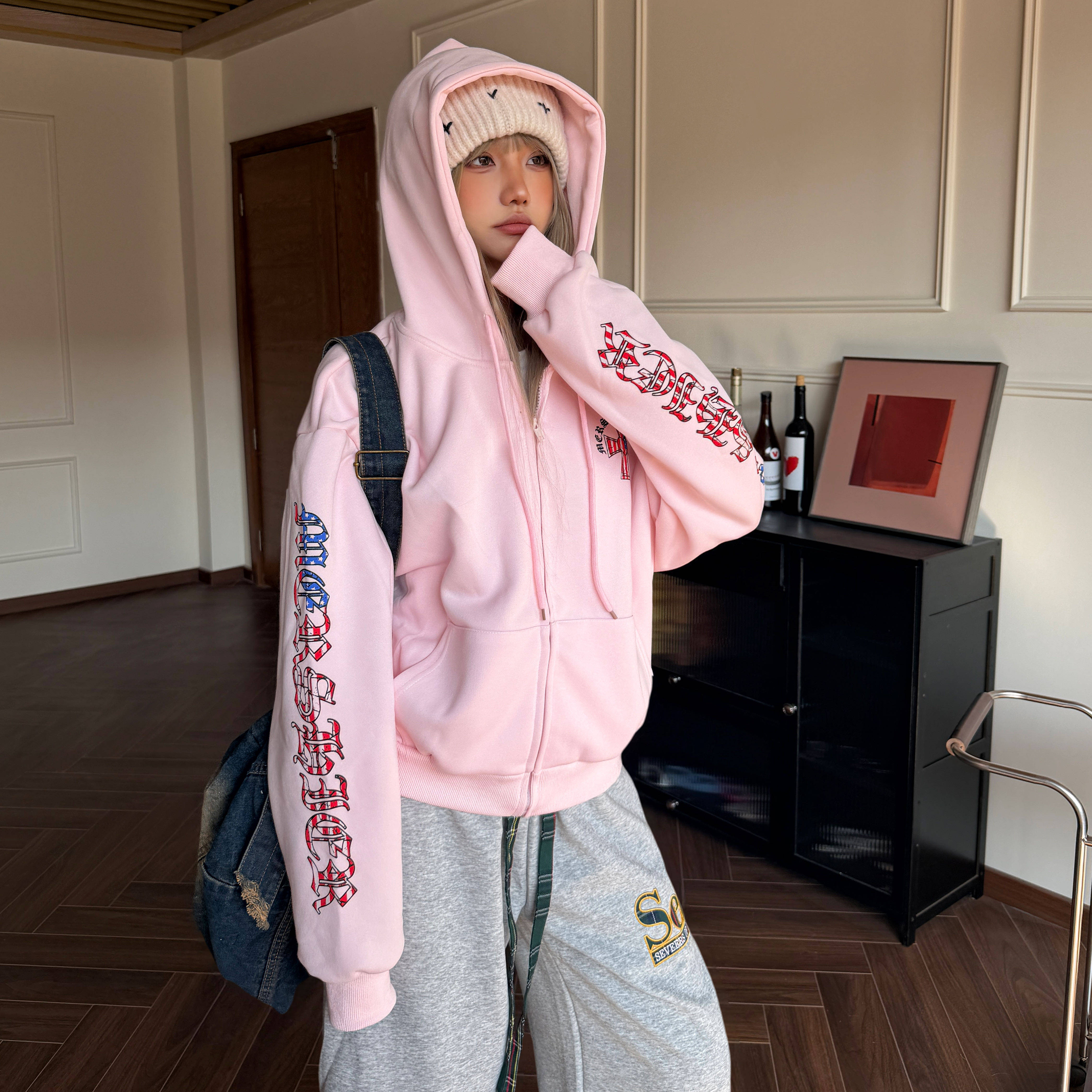 Amoeba美式复古梵文字母十字架印花连帽卫衣拉链开衫女春季外套