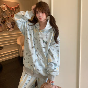 Amoeba可爱甜美满印星星小熊耳朵连帽卫衣外套阔腿卫裤撞色套装