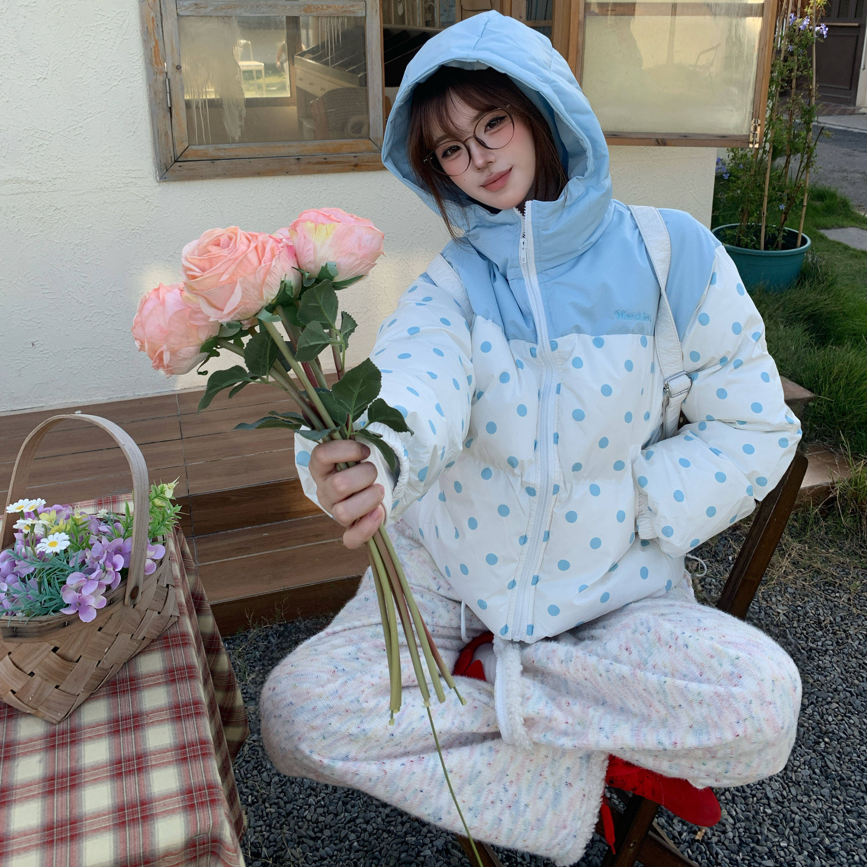 Amoeba美式撞色波点短款宽松连帽面包棉服外套女冬季保暖加厚棉衣