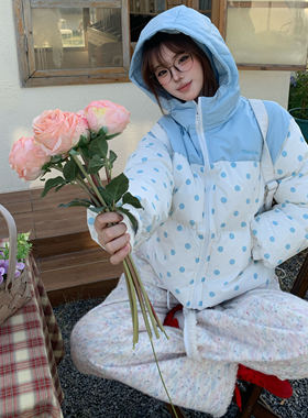 Amoeba美式撞色波点短款宽松连帽面包棉服外套女冬季保暖加厚棉衣