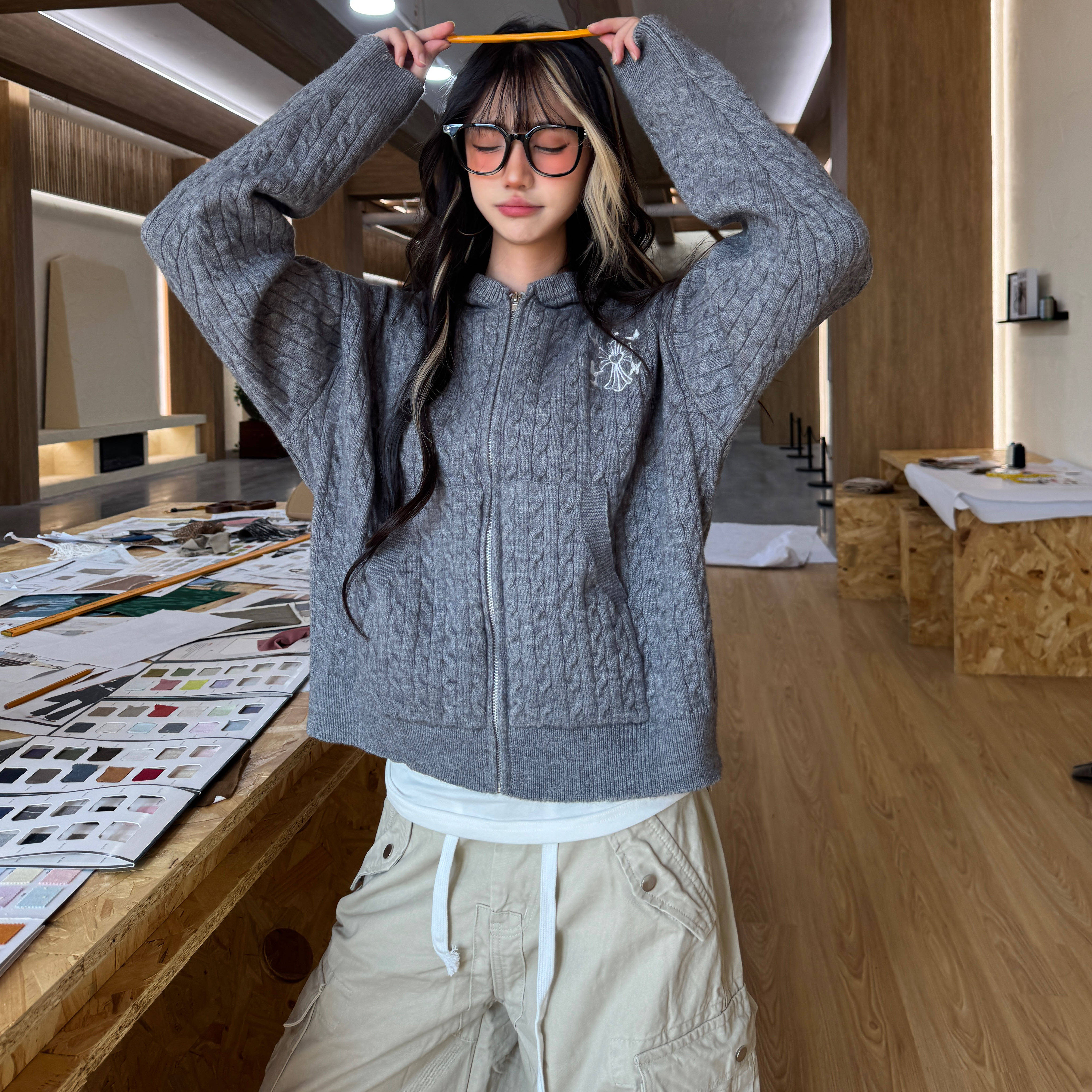 Amoeba美式复古简约刺绣秋冬宽松休闲麻花针织开衫连帽毛衣外套