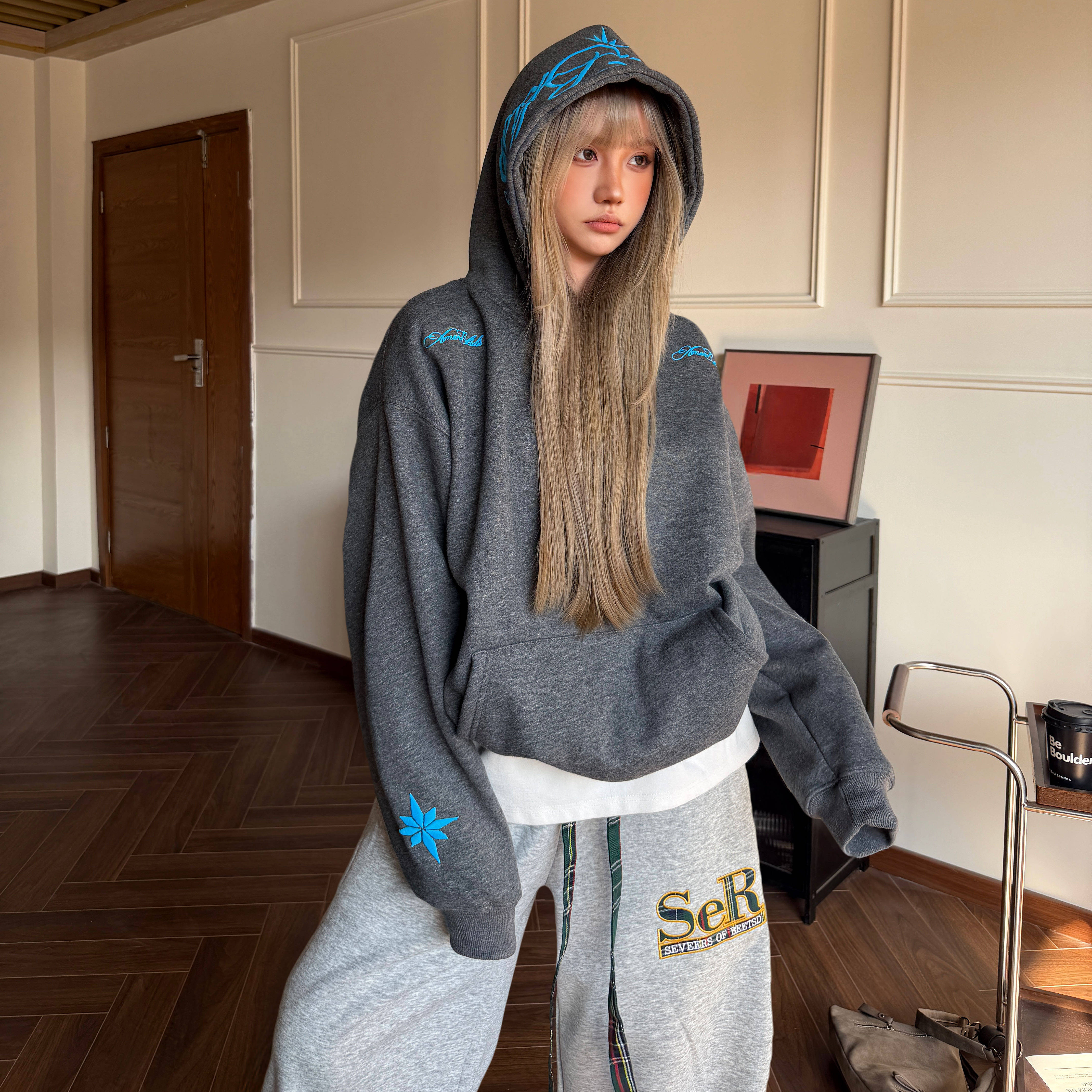 Amoeba美式复古六芒星字母立体字母加绒连帽卫衣男女宽松春季帽衫