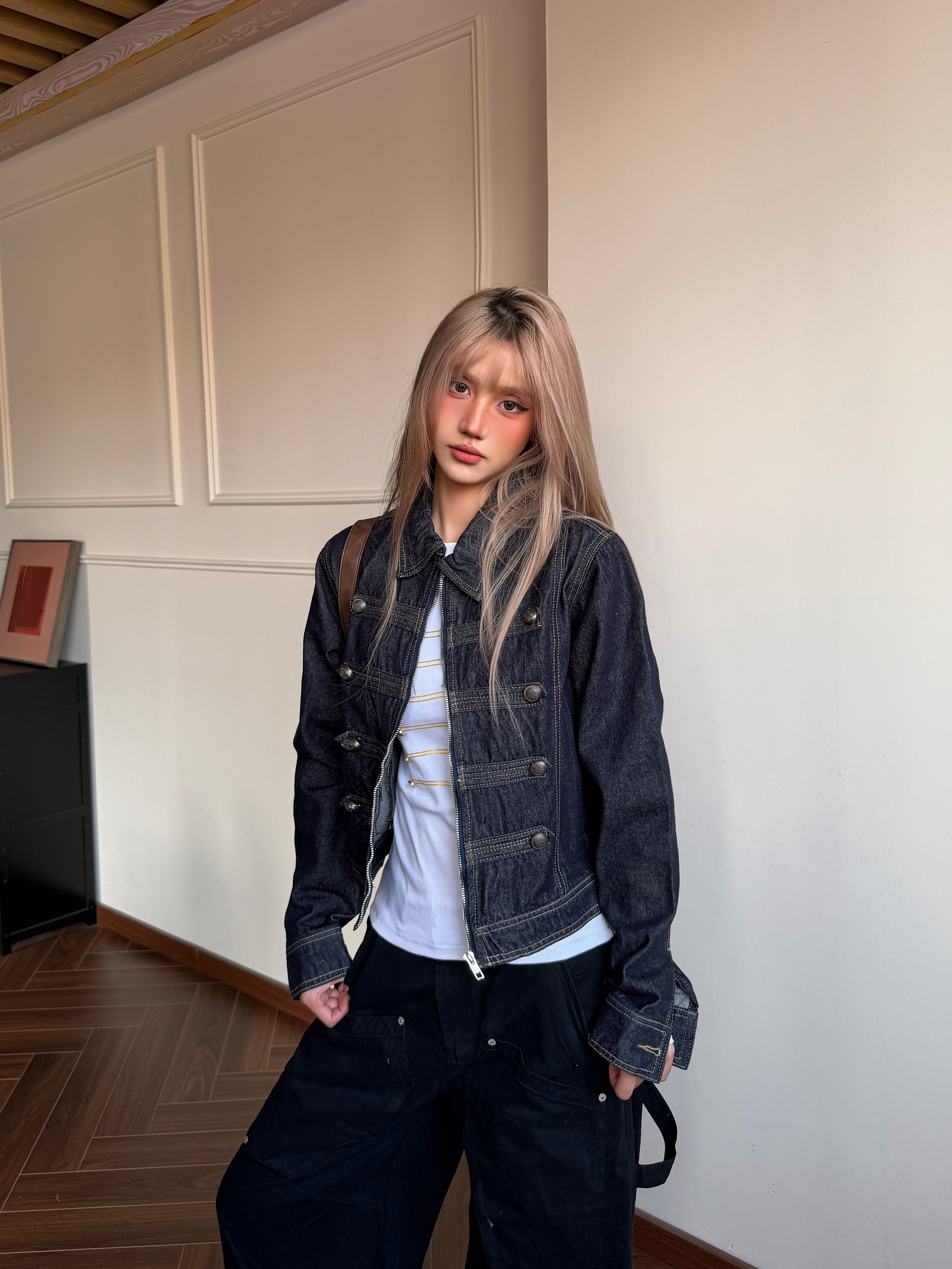 Amoeba qadın retro Napoleon düyməli qısa denim jaket