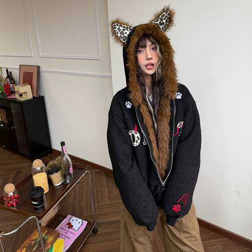 美式复古豹纹耳朵连帽座山雕棉服