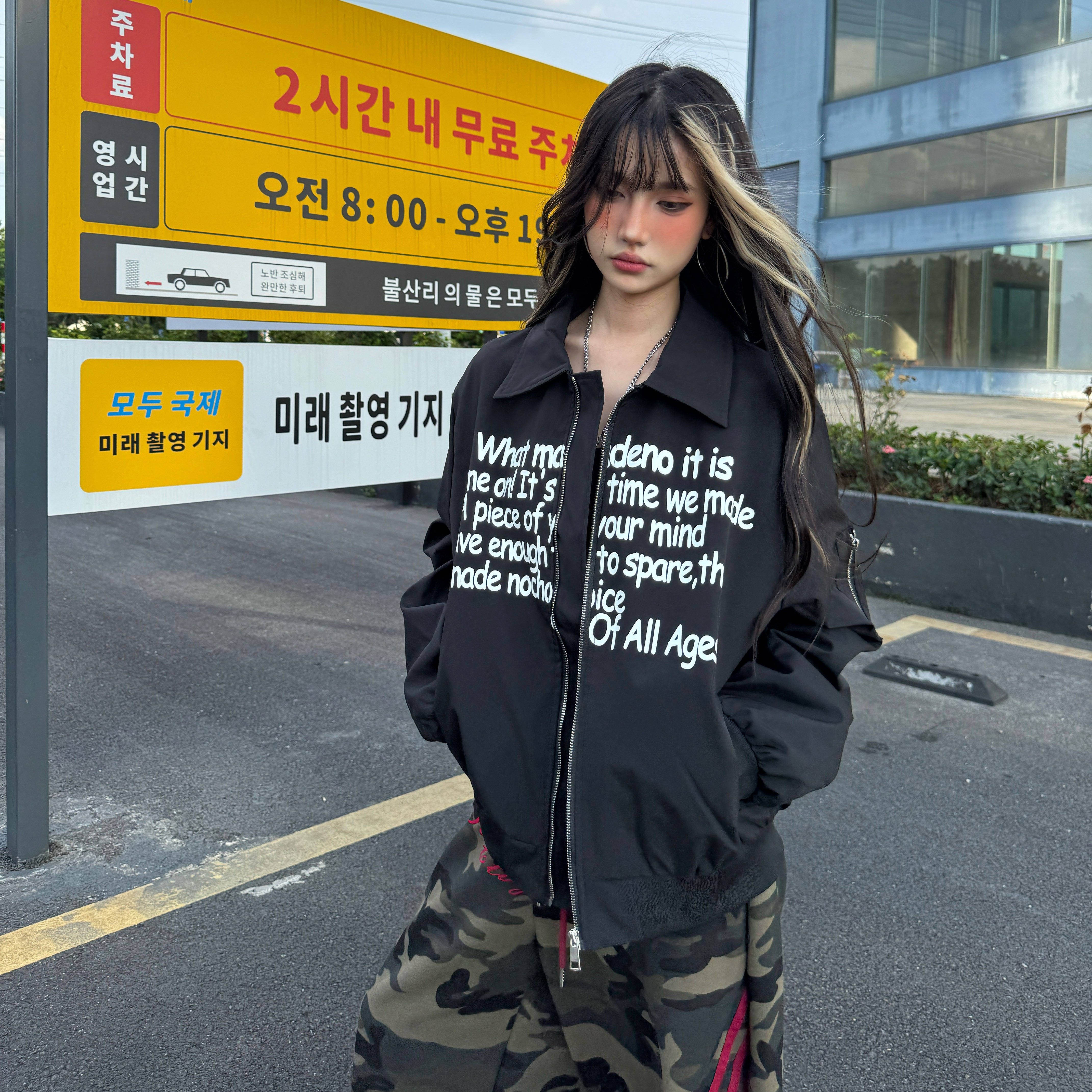 Amoeba原创国潮美式街头字母印花设计感飞行夹克男女秋季宽松外套