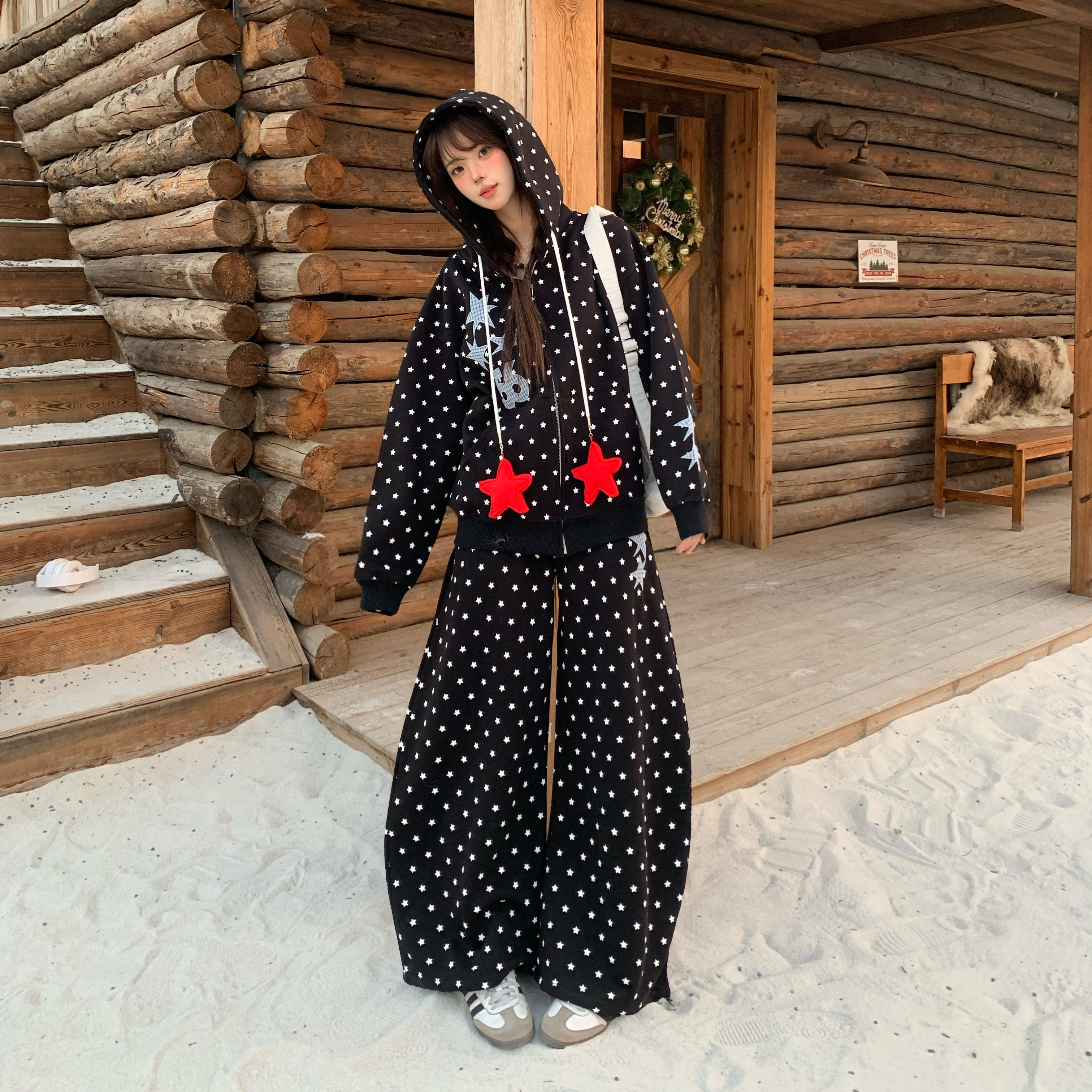 Amoeba美式复古满印波点立体星星连帽卫衣阔腿卫裤男女情侣套装