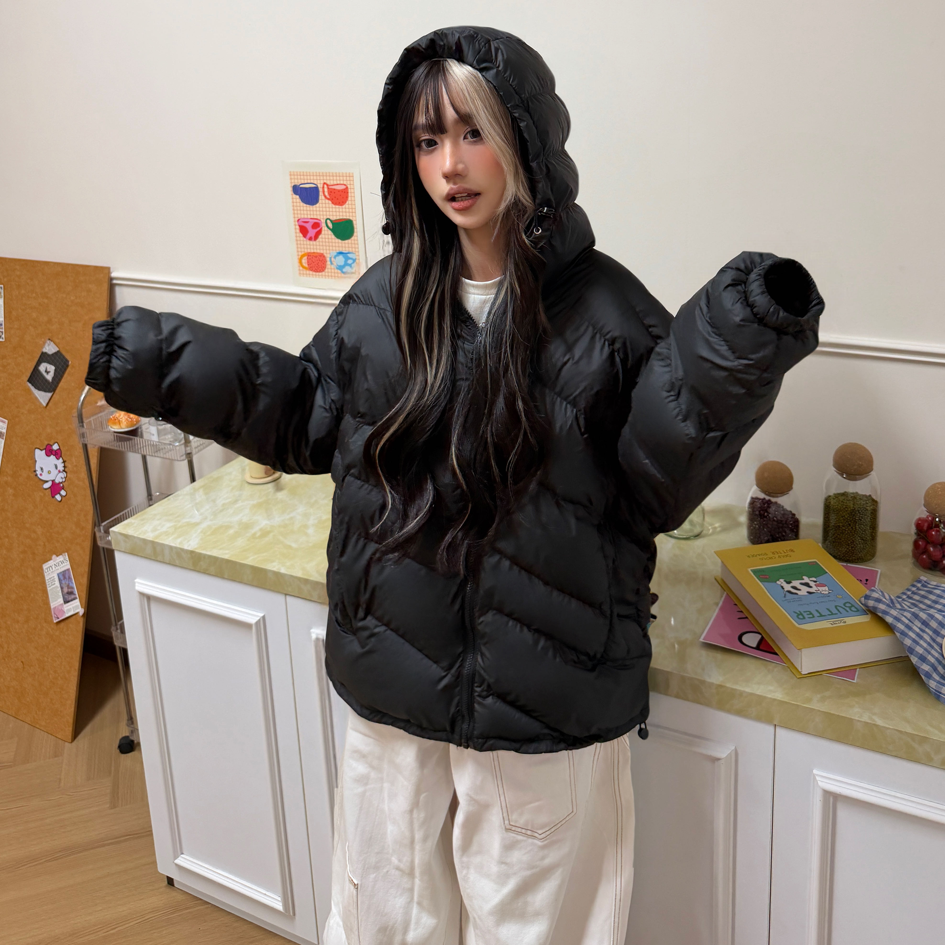 美式复古简约纯色连帽棉服