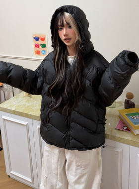 Amoeba美式复古简约纯色宽松连帽棉服冬季女男情侣加厚保暖棉袄