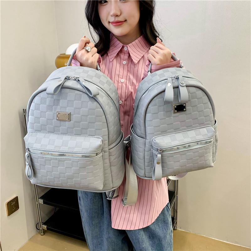 新品2023优选棋盘格质感PU双肩女包韩版女士小书包跨境时尚潮流背