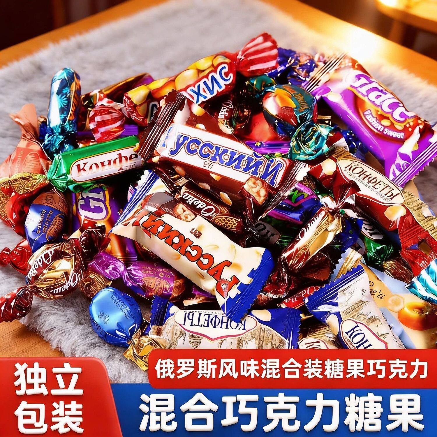 俄罗斯混合风味皮糖巧克力糖果口味夹心牛扎糖太妃糖年货硬糖酥糖