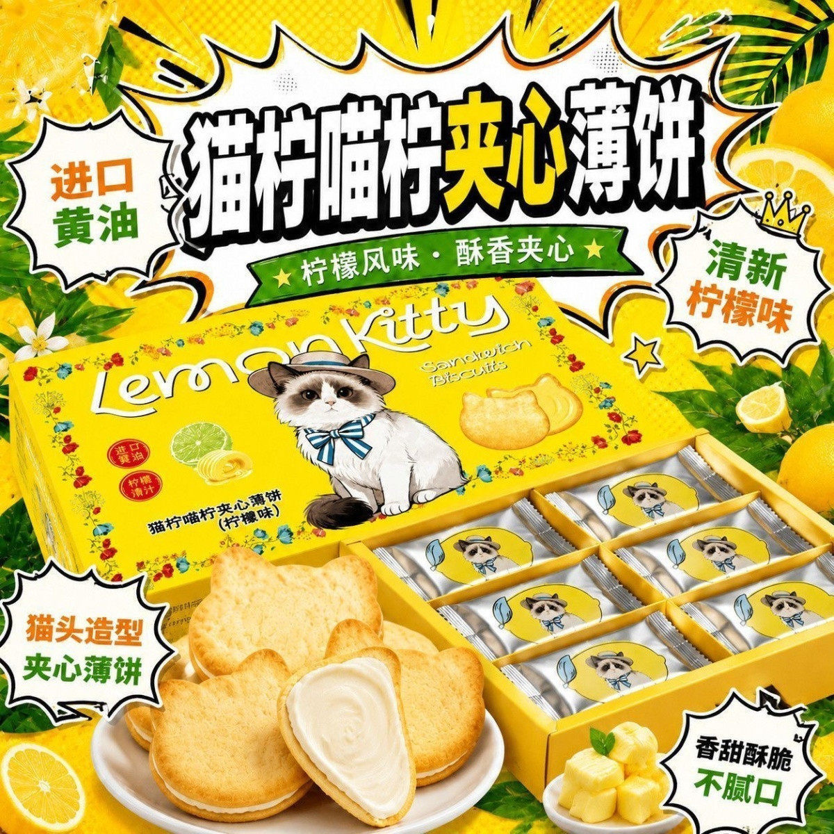 【特价】猫柠喵柠夹心薄饼香水柠檬味办公休闲解馋小零食品批发