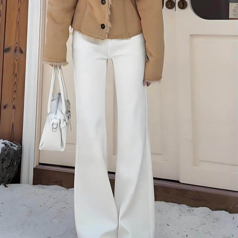 加绒白色微喇牛仔裤女秋冬新款大码胖mm弹力显瘦喇叭裤直筒马蹄裤