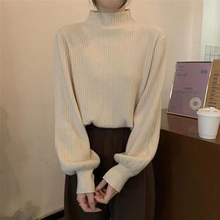 法式竖坑条灯笼袖针织上衣女秋冬款气质软糯内搭半高领毛衣打底衫
