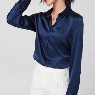 女2026春秋款 方领开衫 职业装 衬衣通勤修身 撞色长袖 桑蚕丝真丝衬衫