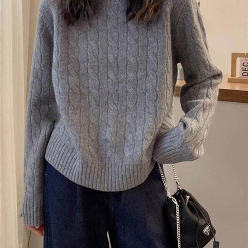 慵懒灰色麻花针织毛衣女套头秋冬新款设计感宽松针织内搭打底上衣