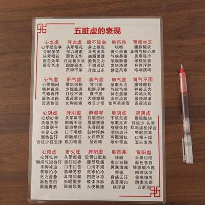 新款中医诊断 五脏病症自查表 症状总结五脏虚实加厚防水塑封印刷