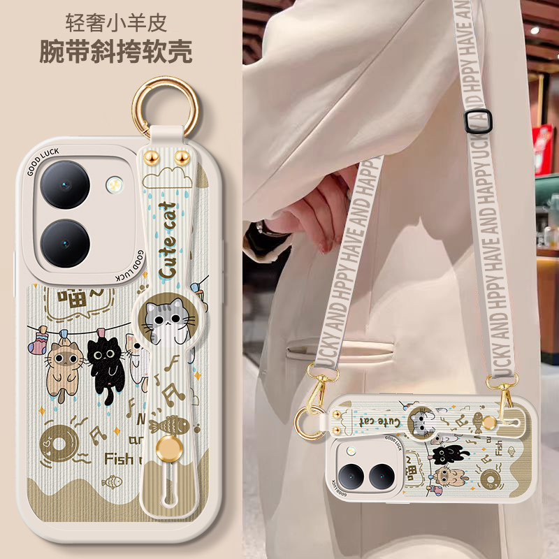 vivoY78手机壳Y77腕带M斜挎T硅胶E挂绳+十小羊皮卡通vivo全包支架软壳女vovoy步步高背带viviy防摔可爱保护套