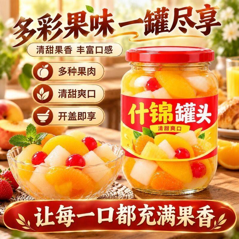 新鲜什锦罐头水果罐头雪梨橘子菠萝黄桃510g玻璃大瓶装养生粉樱桃
