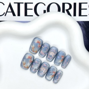 【壁上观】显白高级蓝色猫眼小众锦鲤国风短款纯手工穿戴甲美甲