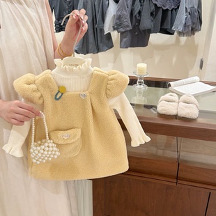 【现货】女童加厚连衣裙秋冬款儿童羊羔毛背心裙女宝冬季打底毛衣