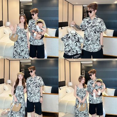 亲子装一家四口衬衫母女吊带裙