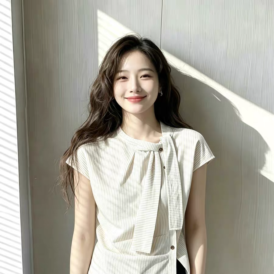 法式设计感时尚竖条纹短袖衬衫女夏季新款不对称飘带领连肩袖上衣