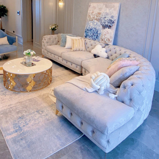 美式 轻奢风弧形拉扣高端家居家具 现代简约布艺转角沙发组合法式