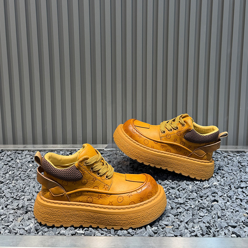 马丁靴男款2025冬季时尚百搭厚底低帮鞋真皮印花系带韩版休闲鞋潮