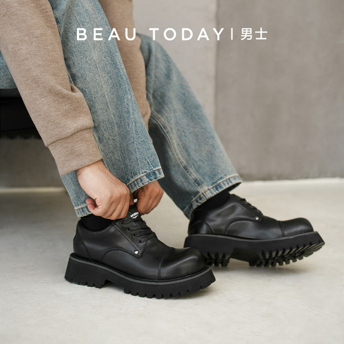 【辛浩江同款】BeauToday休闲皮鞋男真皮高级男生大头厚底德比鞋