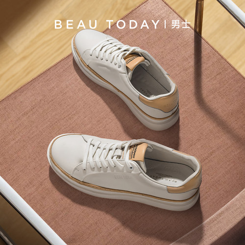 【明星同款】BeauToday羊皮小白鞋男真皮厚底增高休闲板鞋男下架