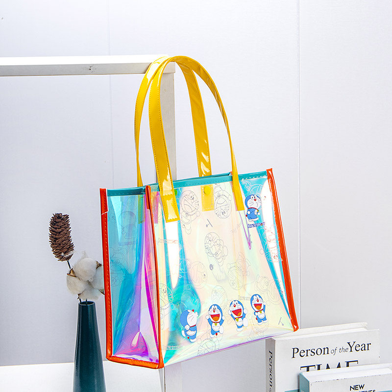 机器猫炫彩镭射手提袋高档透明手提礼品袋防水沙滩透明游泳收纳袋