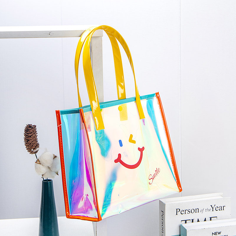 眨眼微笑炫彩镭射手提袋高档防水沙滩游泳袋透明防尘收纳袋礼品袋