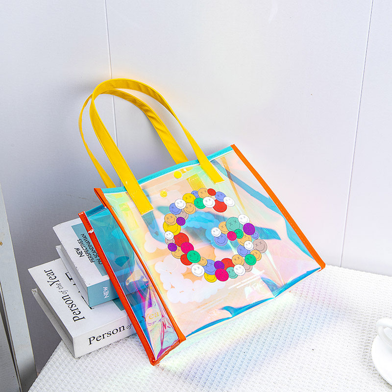 笑脸G炫彩镭射手提袋高档防水手提礼品袋防水透明沙滩游泳手提袋